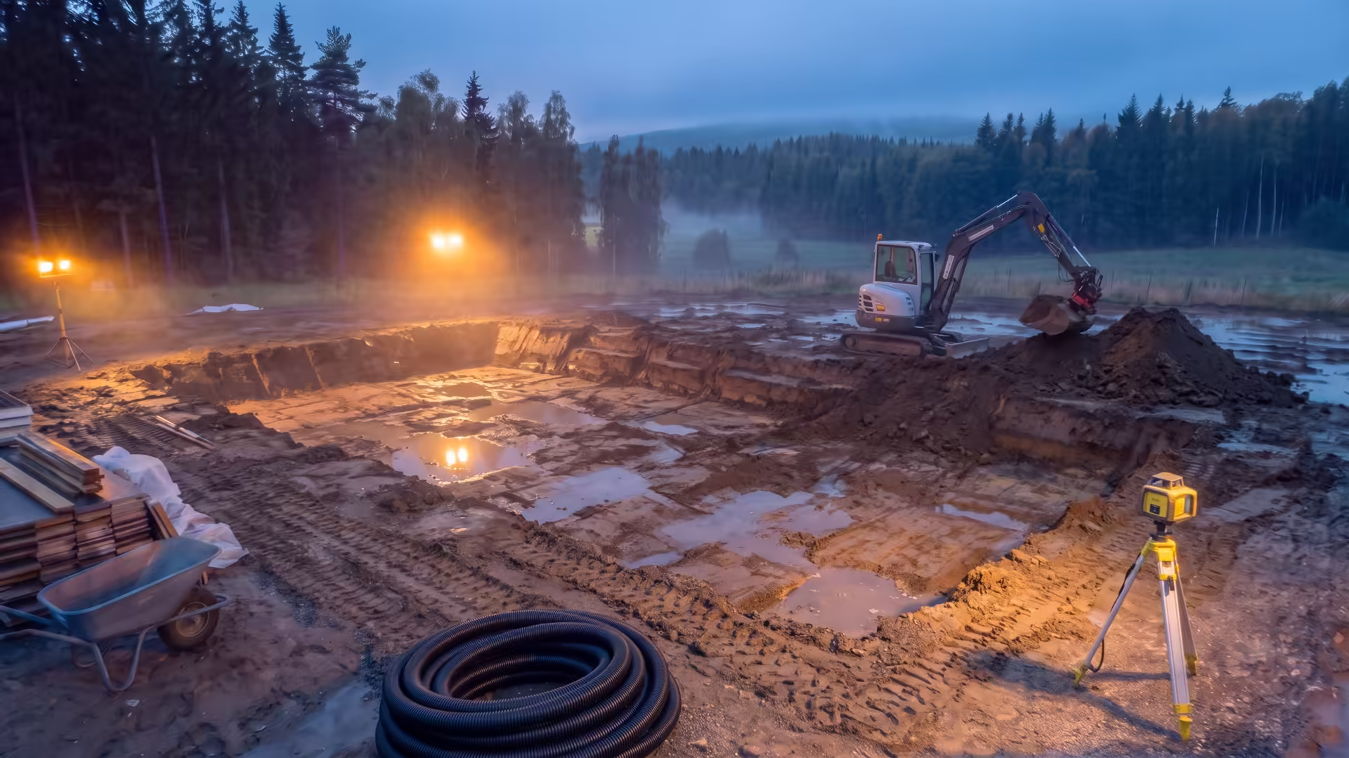 Støpetrinn 1: utgravd byggegrop med gravemaskin i kveldslys på Romerike